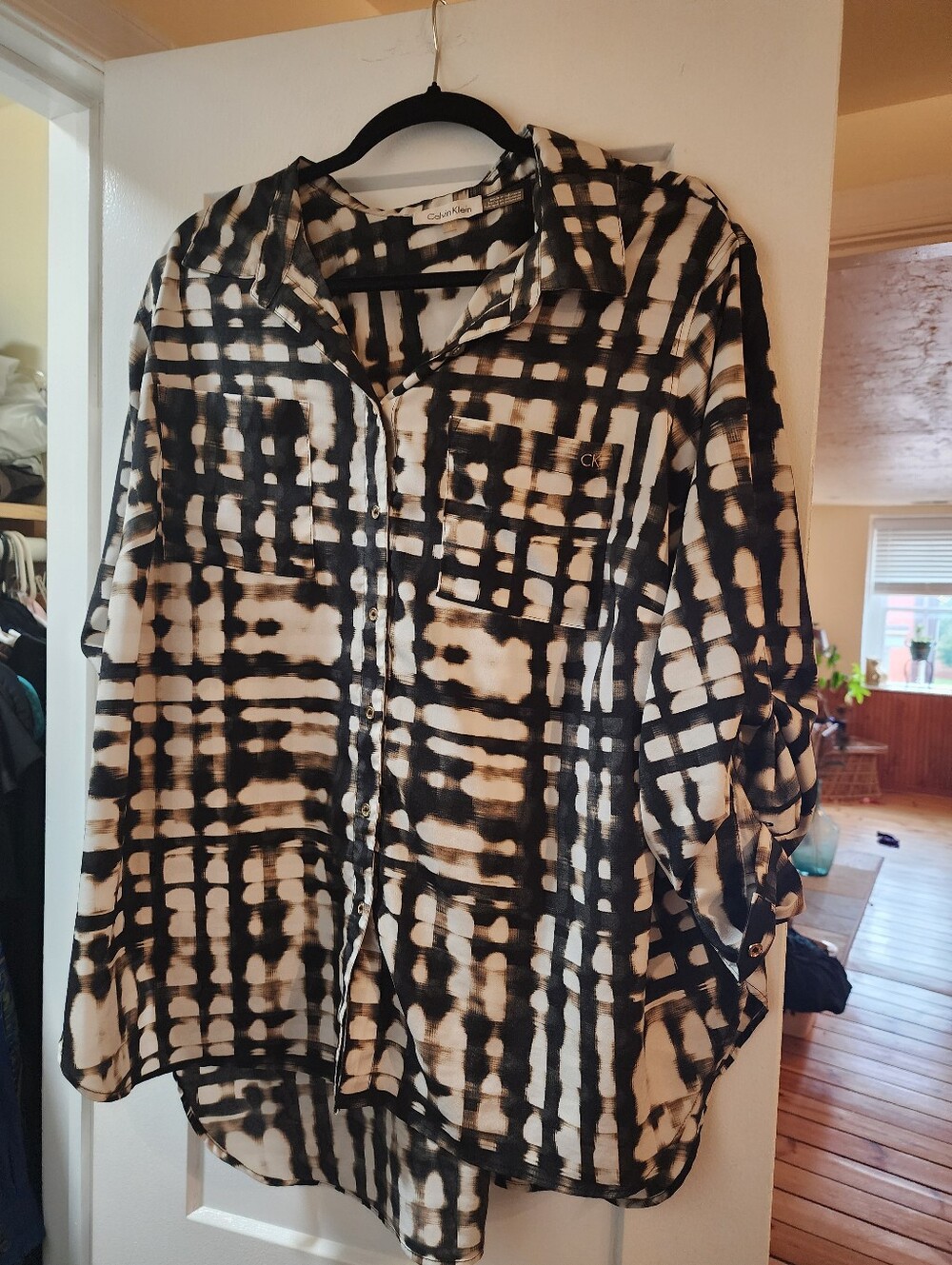 Calvin Klein Black and White Abstract Plaid Button-Down Shirt
